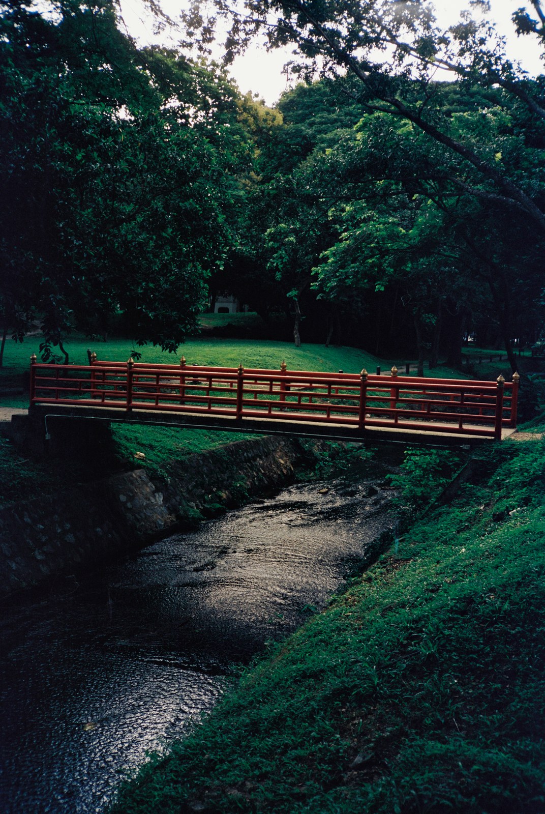 A red bridge over a stream