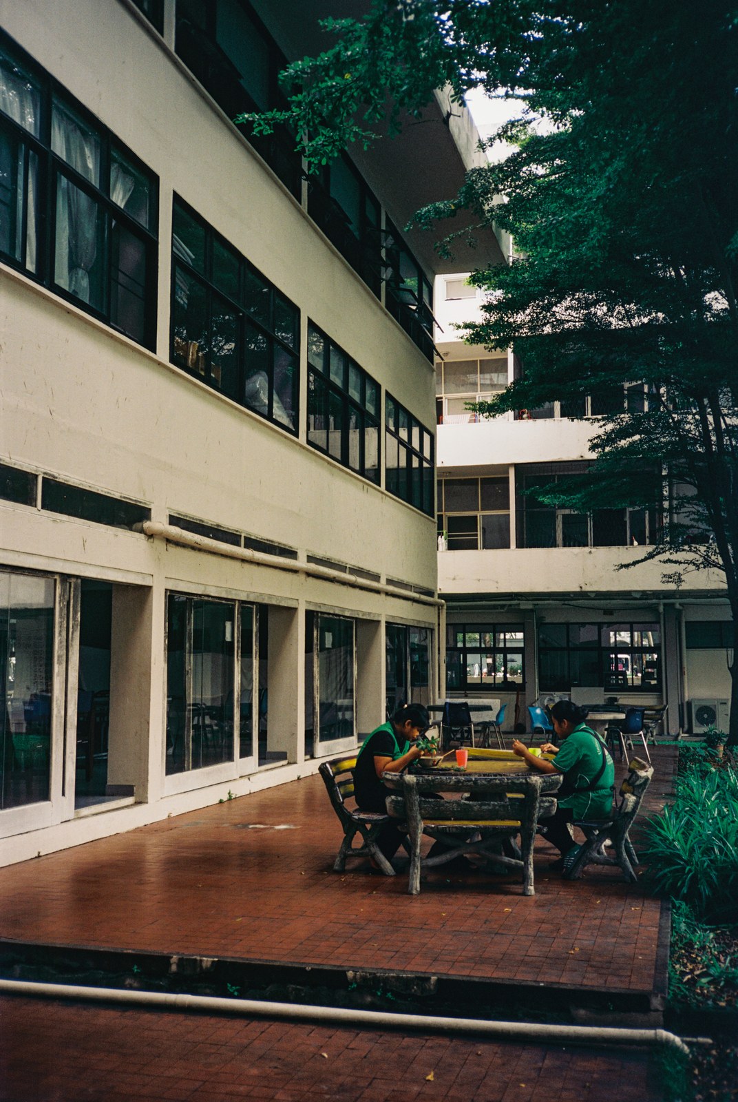 A courtyard between school buildings